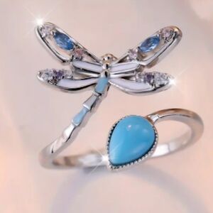 Silver Dragonfly Ring with Blue Accents
